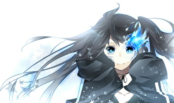 Anime picture 1074x639 with black rock shooter black rock shooter (character) omutatsu single long hair blue eyes black hair simple background wide image white background twintails glowing glowing eye (eyes) girl star (symbol) cloak