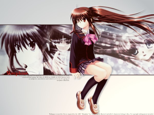 Anime picture 1600x1200 with little busters! key (studio) natsume rin single long hair brown hair sitting brown eyes ponytail profile wallpaper reflection silhouette girl skirt uniform school uniform miniskirt socks black socks