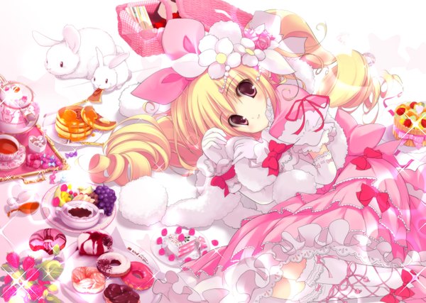 Anime picture 1517x1080 with original yoshiwo long hair blush blonde hair red eyes loli drill hair girl dress gloves flower (flowers) bow socks elbow gloves food sweets white socks bunny