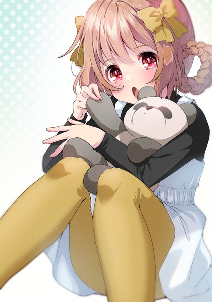 Anime picture 1081x1534 with precure delicious party precure toei animation hanamichi ran osarutukamaeru single tall image short hair open mouth sitting braid (braids) pink eyes orange hair :o hair rings girl pantyhose toy stuffed animal stuffed toy