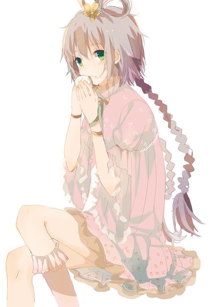 Anime picture 1653x2362 with vocaloid vocaloid china luo tianyi zgxuke single long hair tall image looking at viewer blush fringe sitting green eyes braid (braids) hair flower grey hair twin braids girl dress hair ornament flower (flowers)