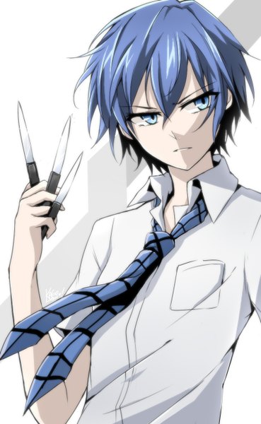 Anime picture 800x1300 with akuma no riddle azuma tokaku kago-tan single tall image short hair blue eyes simple background white background blue hair looking away girl uniform school uniform necktie knife