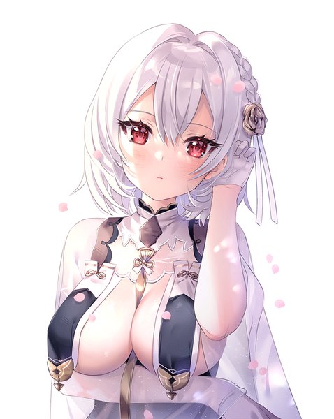 Anime picture 797x1000 with azur lane sirius (azur lane) sirius (azure horizons) (azur lane) nami (nyaa) single tall image looking at viewer blush fringe short hair breasts light erotic simple background hair between eyes red eyes large breasts white background silver hair upper body braid (braids)