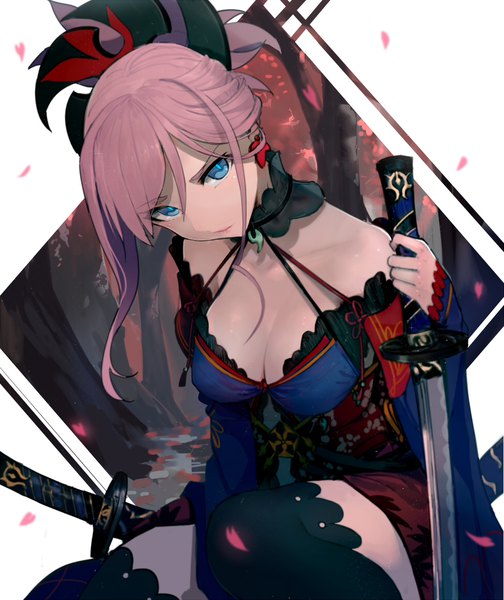 Anime picture 973x1157 with fate (series) fate/grand order miyamoto musashi (fate) walzrj single long hair tall image looking at viewer blush fringe breasts blue eyes hair between eyes white background bare shoulders holding pink hair cleavage traditional clothes head tilt
