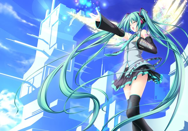 Anime picture 2000x1400 with vocaloid hatsune miku tenmaso single highres open mouth twintails eyes closed very long hair green hair outstretched arm singing girl thighhighs skirt detached sleeves miniskirt wings