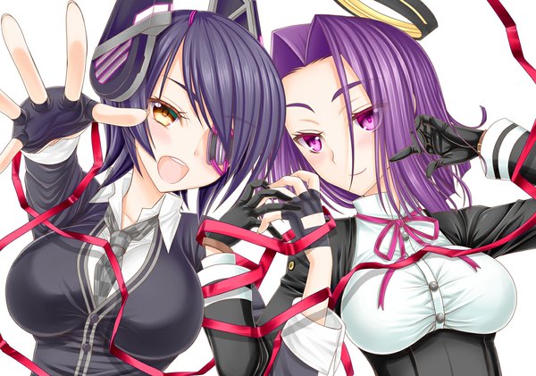 Anime picture 1140x800 with kantai collection tenryuu light cruiser tatsuta light cruiser shigemiya kyouhei (artist) looking at viewer short hair breasts open mouth simple background white background purple eyes multiple girls yellow eyes blue hair purple hair holding hands girl gloves hair ornament ribbon (ribbons)