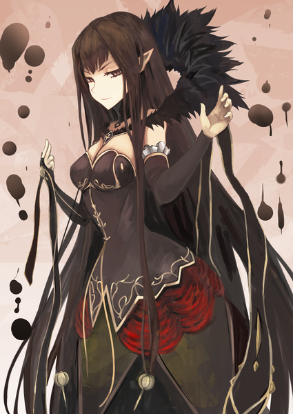 Anime picture 1853x2616 with fate (series) fate/apocrypha semiramis (fate) kaze minoru so-ru single long hair tall image looking at viewer fringe highres breasts simple background smile brown hair standing bare shoulders holding very long hair pointy ears arms up