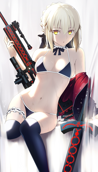 Anime picture 940x1648 with fate (series) fate/grand order artoria pendragon (all) artoria pendragon (alter swimsuit rider) (fate) magicians (zhkahogigzkh) single tall image looking at viewer blush fringe short hair breasts light erotic blonde hair hair between eyes sitting bare shoulders signed yellow eyes cleavage