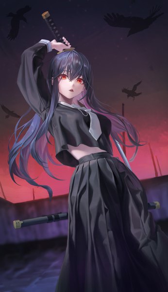 Anime picture 3500x6061 with original jinbin825 single long hair tall image looking at viewer fringe highres breasts open mouth black hair hair between eyes red eyes standing holding absurdres sky outdoors pleated skirt multicolored hair