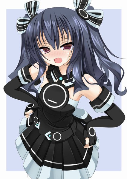 Anime picture 1000x1412 with choujigen game neptune hyperdimension neptunia mk2 uni (choujigen game neptune) lieselotte (artist) single long hair tall image looking at viewer blush open mouth black hair simple background red eyes hands on hips girl dress gloves bow hair bow elbow gloves