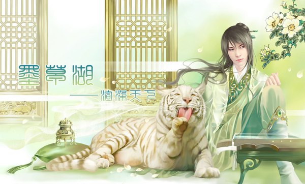 Anime picture 1024x619 with feimo long hair brown hair wide image realistic licking boy hair ornament flower (flowers) animal petals tongue pillow branch door tiger white tiger