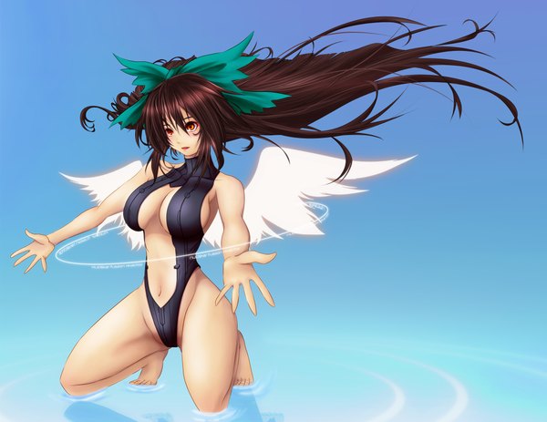 Anime picture 2104x1624 with touhou reiuji utsuho untue single long hair highres breasts light erotic black hair red eyes large breasts girl bow hair bow wings water