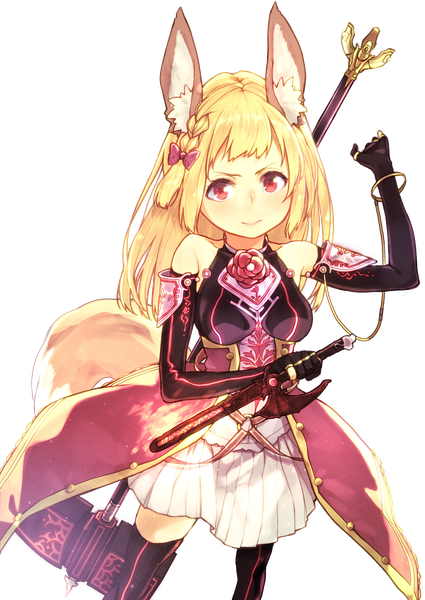 Anime picture 2508x3541 with original subachi single long hair tall image looking at viewer highres blonde hair red eyes animal ears tail braid (braids) animal tail fox ears single braid fox tail transparent background girl dress gloves