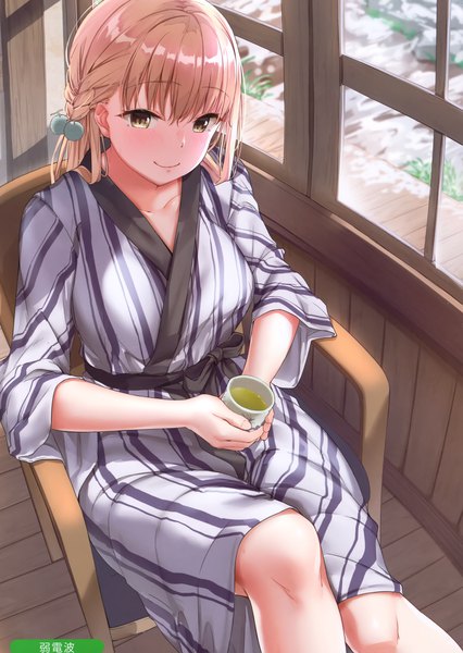 Anime picture 2096x2954 with original melonbooks harukawa syuria (jack dempa) jack dempa single long hair tall image looking at viewer blush fringe highres breasts blonde hair smile hair between eyes sitting holding signed yellow eyes indoors