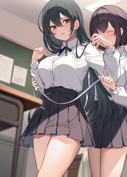 Anime picture 2591x3624 with original ikomochi long hair tall image looking at viewer fringe highres short hair breasts open mouth black hair hair between eyes standing multiple girls holding green eyes indoors eyes closed long sleeves pleated skirt