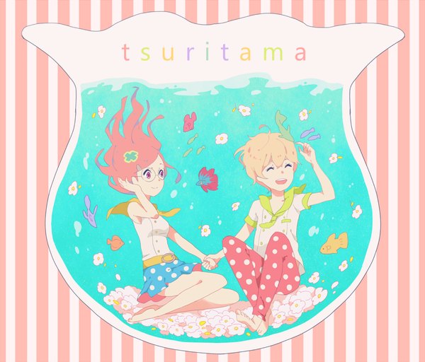 Anime picture 1000x854 with tsuritama a-1 pictures haru (tsuritama) coco (tsuritama) urara (tsuritama) kise (swimmt) blonde hair pink hair full body eyes closed pink eyes barefoot inscription copyright name holding hands striped polka dot striped background girl boy
