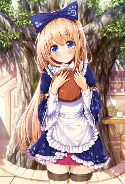 Anime picture 654x962 with original tokunou shoutarou single long hair tall image looking at viewer blush fringe blue eyes blonde hair standing outdoors zettai ryouiki waitress girl bow plant (plants) hair bow tree (trees) frills