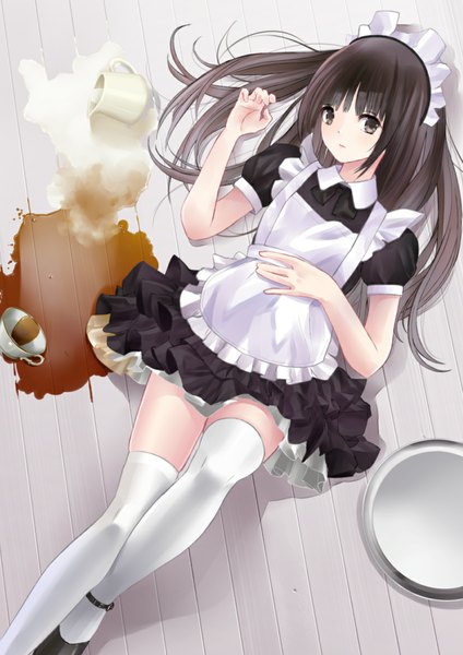 Anime picture 827x1169 with original chikuwa (odennabe) single long hair tall image looking at viewer black hair lying black eyes maid on back spill girl thighhighs white thighhighs headdress maid headdress cup milk coffee