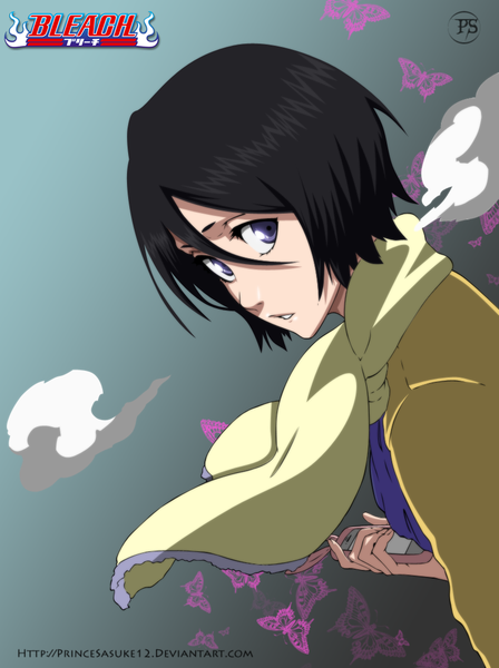 Anime picture 809x1083 with bleach studio pierrot kuchiki rukia akira-12 single tall image short hair black hair simple background purple eyes signed looking back inscription coloring girl scarf insect butterfly phone