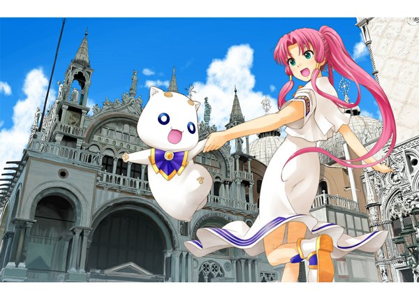 Anime picture 1000x707 with aria mizunashi akari aria pokoteng nagian single long hair blue eyes pink hair cloud (clouds) ponytail girl dress