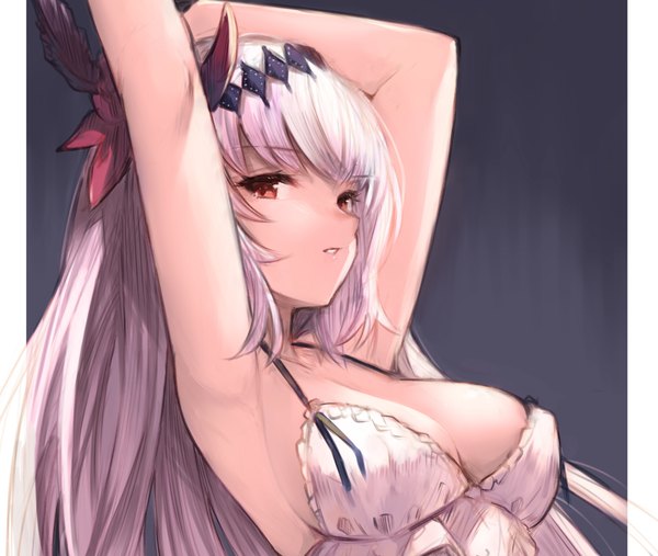 Anime picture 1873x1584 with shingeki no bahamut granblue fantasy jeanne d'arc (granblue fantasy) dark jeanne koretsuki azuma single long hair looking at viewer fringe highres breasts light erotic simple background red eyes large breasts cleavage silver hair upper body parted lips arms up