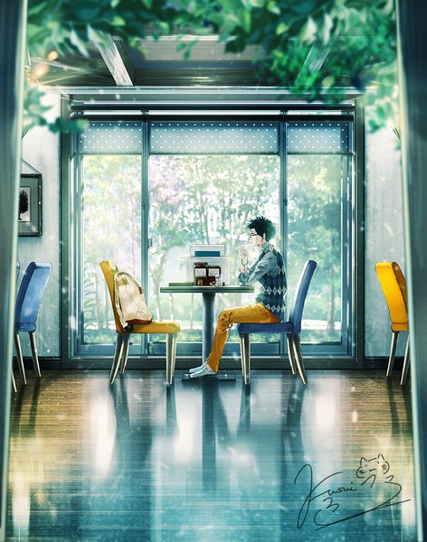Anime picture 787x1000 with original fusui single tall image short hair black hair sitting signed looking away full body bent knee (knees) indoors profile reflection floor spiked hair rhombus drawing girl plant (plants)