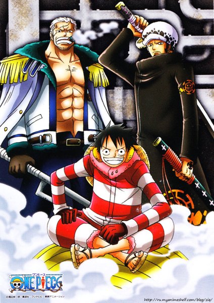 Anime picture 1766x2501 with one piece toei animation monkey d. luffy trafalgar law smoker (one piece) tall image highres short hair black hair smile standing sitting white hair black eyes scan inscription bare belly tattoo scar muscle