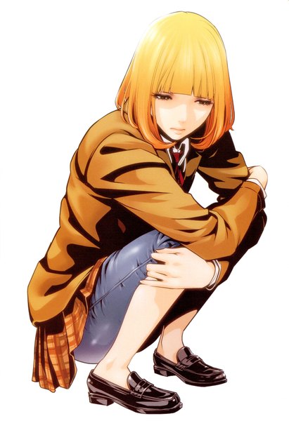 Anime picture 1200x1751 with kangoku gakuen midorikawa hana akira hiramoto single tall image short hair simple background white background brown eyes looking away lips scan orange hair official art girl uniform school uniform leggings