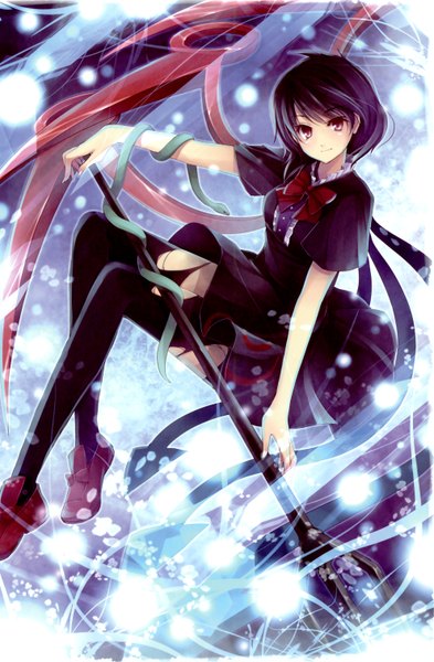 Anime picture 1984x3032 with touhou houjuu nue hagiwara rin tall image highres short hair black hair purple eyes light smile scan girl wings snake trident