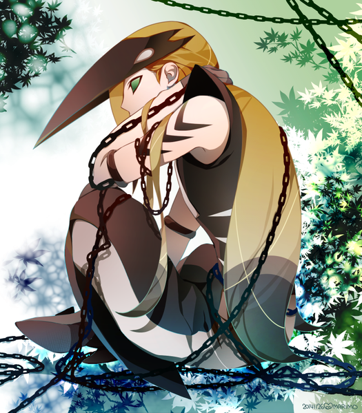 Anime picture 700x800 with katanagatari white fox maniwa kuizame marimo (pixiv11514954) single long hair tall image blonde hair sitting green eyes signed looking away full body bent knee (knees) profile shadow tattoo sleeveless dated indian style