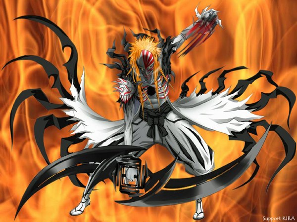 Anime picture 1280x960 with bleach studio pierrot kurosaki ichigo single long hair yellow eyes orange hair hollow boy weapon armor mask