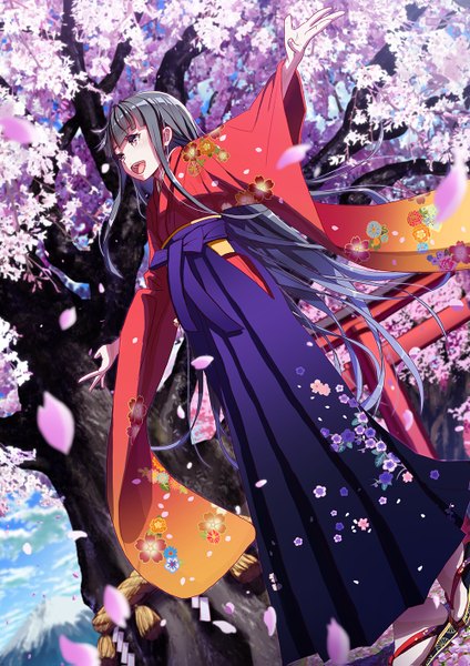 Anime picture 1000x1415 with original 108tooya single long hair tall image open mouth black hair purple eyes looking away traditional clothes japanese clothes wide sleeves cherry blossoms floral print spread arms girl plant (plants) petals tree (trees) kimono