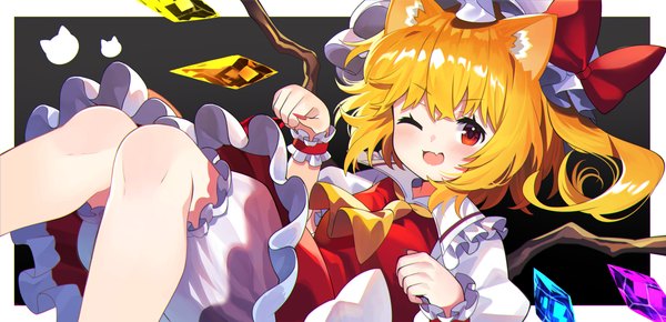 Anime picture 4464x2160 with touhou flandre scarlet yuujin (yuzinn333) single blush highres short hair open mouth simple background blonde hair red eyes wide image absurdres one eye closed wink fang (fangs) one side up border black background ;d