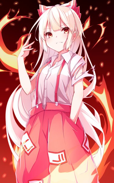 Anime picture 1000x1600 with touhou fujiwara no mokou nankotsu single tall image looking at viewer red eyes white hair very long hair from below torn clothes open collar hand in pocket girl bow hair bow fire suspenders