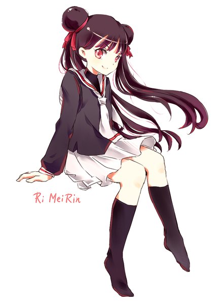 Anime picture 852x1157 with card captor sakura clamp li meiling captain yue single long hair tall image looking at viewer black hair simple background smile red eyes white background sitting twintails full body arm support hair bun (hair buns) no shoes character names