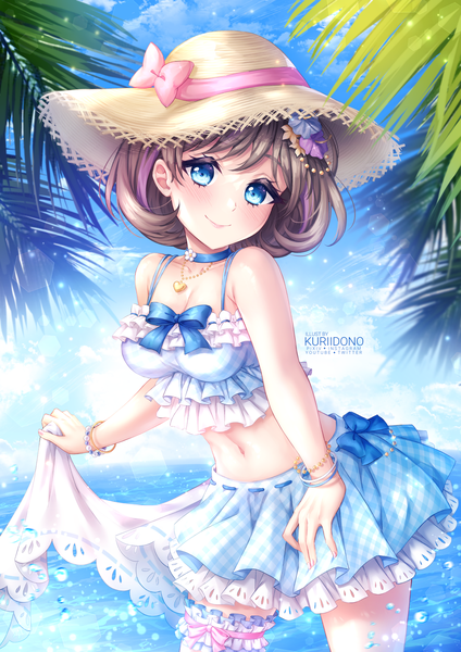 Anime picture 1403x1984 with hello!!! love live! sunrise (studio) love live! tang keke kuriidono single tall image looking at viewer blush fringe short hair breasts blue eyes smile standing signed sky cloud (clouds) outdoors grey hair