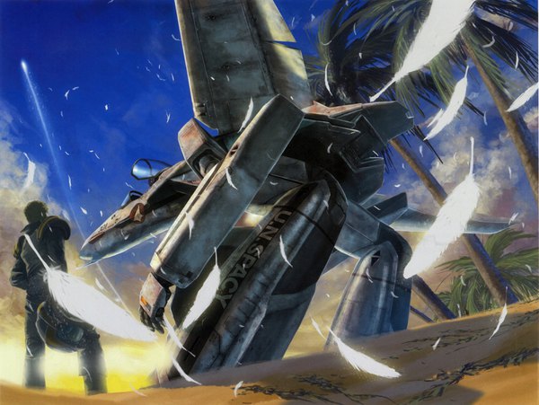 Anime-Bild 3187x2400 mit macross macross zero roy focker vf-0 vf-0s tenjin hidetaka single highres short hair standing absurdres sky cloud (clouds) scan realistic official art sand science fiction boy plant (plants)