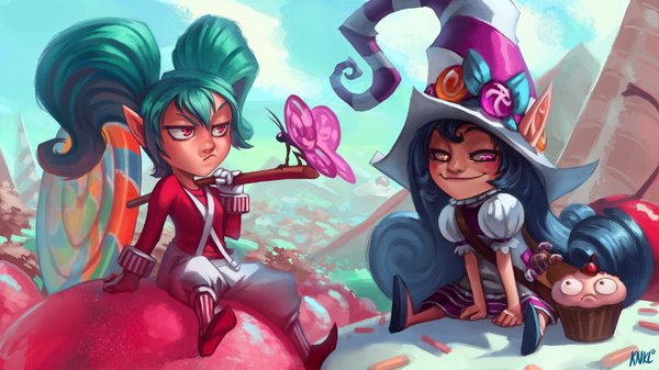 Anime picture 1600x900 with league of legends lulu (league of legends) poppy (league of legends) bittersweet lulu lollipoppy knockwurst blush short hair smile red eyes wide image twintails multiple girls yellow eyes blue hair very long hair pink eyes green hair pointy ears heterochromia