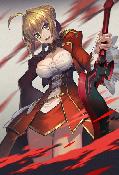 Anime picture 1080x1587 with fate (series) fate/grand order fate/extra nero claudius (fate) nero claudius (fate/extra) madyy single tall image looking at viewer short hair breasts open mouth light erotic blonde hair holding green eyes payot cleavage ahoge braid (braids)