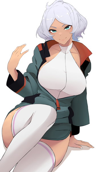 Anime picture 1125x2000 with mobile suit gundam gundam suisei no majo sunrise (studio) secelia dote reibun (raven1119) single tall image short hair breasts light erotic simple background smile large breasts white background sitting silver hair ahoge aqua eyes arm support girl