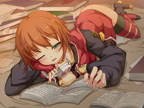 Anime picture 1120x840 with tales of (series) tales of vesperia rita mordio noumin (artist) single long hair blush short hair light erotic brown hair green eyes lying one eye closed wink girl fingerless gloves book (books) thigh boots paper