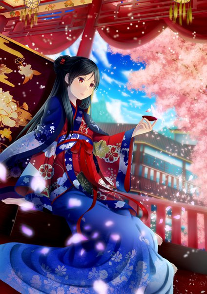 Anime picture 707x1000 with original koko (koko3) single long hair tall image blush black hair red eyes sitting looking away traditional clothes japanese clothes arm support cherry blossoms outstretched arm half updo spring girl petals kimono