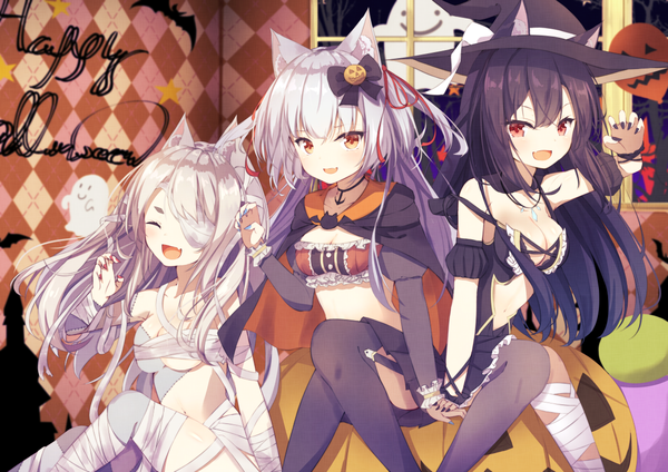 Anime picture 1169x827 with azur lane yuudachi (azur lane) yukikaze (azur lane) shigure (azur lane) loli ta1582 long hair looking at viewer blush open mouth light erotic black hair smile red eyes sitting animal ears white hair indoors nail polish :d pleated skirt