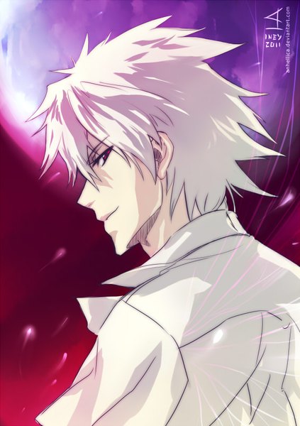 Anime picture 565x800 with neon genesis evangelion gainax nagisa kaworu anhellica single tall image looking at viewer fringe short hair hair between eyes red eyes signed upper body white hair profile looking back light smile boy shirt white shirt
