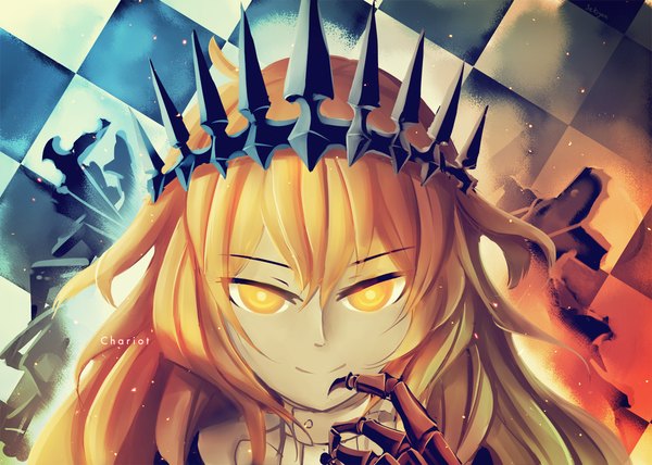 Anime picture 1400x1000 with black rock shooter chariot (black rock shooter) sekigan single long hair looking at viewer blonde hair smile yellow eyes inscription text wavy hair checkered checkered background girl gloves crown claws