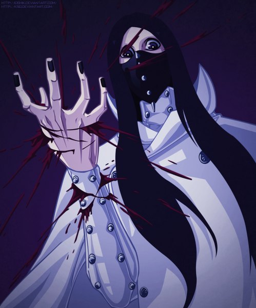 Anime picture 1000x1202 with bleach studio pierrot as nodt ksei ioshiklineart single long hair tall image blue eyes black hair coloring dark background girl blood mask