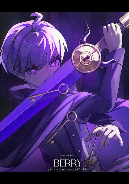 Anime picture 1600x2277 with master detective archives: rain code yuma kokohead berry (berrypd) single tall image looking at viewer short hair purple eyes signed purple hair upper body ahoge letterboxed boy weapon sword cape key