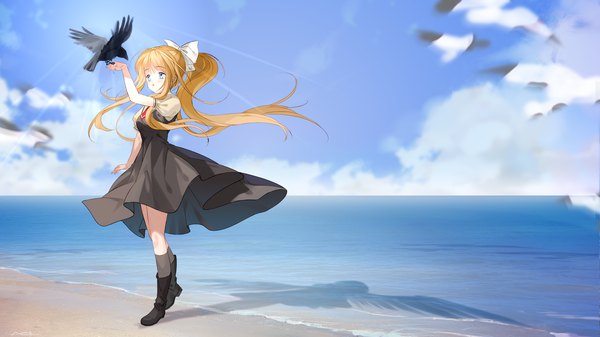 Anime picture 2208x1242 with air key (studio) kamio misuzu almic single long hair highres blue eyes blonde hair wide image payot looking away sky cloud (clouds) full body outdoors ponytail wind shadow horizon