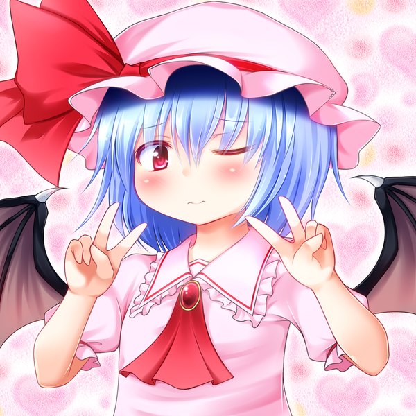 Anime picture 1300x1300 with touhou remilia scarlet rena (riries) single looking at viewer blush short hair smile red eyes blue hair one eye closed wink victory girl dress wings bonnet