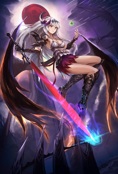 Anime picture 900x1325 with granblue fantasy jeanne d'arc (granblue fantasy) eruthika single long hair tall image fringe breasts light erotic smile hair between eyes red eyes large breasts bare shoulders holding payot looking away cleavage silver hair full body